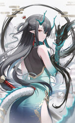  absurdres aqua_dress arknights ass bare_shoulders black_hair closed_mouth cowboy_shot dragon_horns dress dusk_(arknights) dusk_(everything_is_a_miracle)_(arknights) fall_(aki) female from_behind grey_background hair_between_eyes half_updo hand_up highres horns long_hair looking_at_viewer looking_back official_alternate_costume orange_eyes pointy_ears sidelocks sleeveless sleeveless_dress solo standing sword tail very_long_hair weapon white_background 