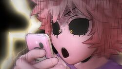  :o ashido_mina black_sclera boku_no_hero_academia cellphone close-up colored_sclera colored_skin commentary constricted_pupils english_commentary female greatm8 hands hands_up highres holding holding_phone lightning nichijou obake_(nichijou) phone photoshop_(medium) pink_hair pink_skin purple_shirt shirt short_hair smartphone solo source_filmmaker_(medium) yellow_eyes 