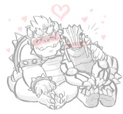  3_fingers 3_toes 5_fingers ambiguous_gender arm_around_shoulders arm_grab armband arms_bent blush bowser claws closed_eyes collar duo extended_arm extended_legs eyebrows feet feet_together feet_together_knees_apart fingers front_view generation_3_pokemon glamdoodle groudon hand_on_arm hand_on_foot hand_on_own_foot hand_on_shoulder hands_on_knees hands_on_legs hands_on_own_knees hands_on_own_legs heart_reaction heart_symbol hearts_around_body holding_both_knees holding_both_legs horn koopa legendary_pokemon legs_together looking_at_viewer male male/ambiguous mario_bros nintendo overweight overweight_male pokemon pokemon_(species) romantic romantic_couple scalie shared_heart sharp_teeth shell sitting smile spiked_armband spiked_collar spiked_shell spikes spikes_(anatomy) straight_arm surprise teeth thick_eyebrows toe_claws toes wide_eyed 