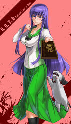  absurdres black_legwear blood blood_splatter blue_eyes bow breasts busujima_saeko canine chocolate collar collarbone female giving green_skirt highres highschool_of_the_dead impossible_clothes impossible_shirt jumping lips long_hair long_skirt long_sleeves medium_breasts official_art perky_breasts photoshop_(medium) pink_background pleated_skirt purple_hair satou_shouji school_uniform shirt sidelocks skirt socks valentine very_long_hair zeke_(highschool_of_the_dead) 