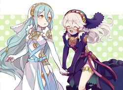  2girls ararecoa azura_(fire_emblem) azura_(fire_emblem)_(cosplay) azura_(performing_arts)_(fire_emblem) bad_id bad_twitter_id blue_hair closed_eyes commentary_request corrin_(female)_(fire_emblem) corrin_(fire_emblem) cosplay dress elbow_gloves fingerless_gloves fire_emblem fire_emblem_fates fire_emblem_heroes gloves hair_between_eyes holding_hands long_hair multiple_girls open_mouth pointy_ears veil white_dress white_gloves white_hair yellow_eyes 