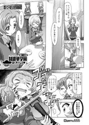  4girls blush braid breasts closed_mouth cup darjeeling empty_eyes eyebrows_visible_through_hair falling_leaves gekitotsu!_joshikousei_oiroke_sensha_gundan gemu555 girls_und_panzer greyscale indoors instrument leaf medium_breasts miniskirt monochrome multiple_girls open_mouth orange_pekoe pantyhose rosehip rukuriri school_uniform shiny shiny_hair short_hair skirt small_breasts smile speech_bubble st._gloriana&#039;s_school_uniform sweat tea teacup translation_request violin 