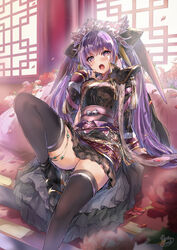  :o arm_support artist_name black_footwear black_skirt black_thighhighs female flower hand_on_own_shoulder high_heels highres leg_up long_hair matsukura_nemu obi open_mouth petals purple_eyes purple_hair sangokushi_taisen sash signature sitting skirt solo teeth thighhighs thighs touhaku twintails upper_teeth_only very_long_hair zettai_ryouiki 