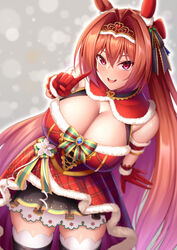  :d animal_ears bare_shoulders black_skirt black_thighhighs breasts brown_hair christmas cleavage commentary_request daiwa_scarlet_(scarlet_nuit_etoile)_(umamusume) daiwa_scarlet_(umamusume) dress female fur-trimmed_dress fur-trimmed_gloves fur_trim gloves hair_between_eyes hair_intakes hand_up highres horse_ears horse_girl index_finger_raised large_breasts looking_at_viewer oerba_yun_fang official_alternate_costume plaid plaid_dress pleated_skirt red_dress red_eyes red_gloves skirt smile solo teeth thighhighs tiara umamusume upper_teeth_only yuunagi_(0217) 