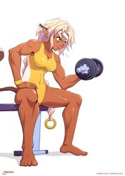  aisha_clanclan barefoot blonde_hair braid breasts covered_navel dark-skinned_female dark_skin dumbbell exercising female green_eyes highres leotard letitmelo light_blush long_braid muscular muscular_female oerba_yun_fang outlaw_star pointy_ears signature single_braid smile solo sweat sweatband tail tan thick_eyebrows thighs weightlifting white_background yellow_leotard 