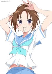  absurdres bad_id bad_pixiv_id blue_neckerchief blue_sailor_collar blue_skirt blush brown_hair female hair_tie hair_tie_in_mouth hands_up hibike!_euphonium highres kitauji_high_school_uniform long_hair looking_at_viewer midriff_peek mouth_hold nakagawa_natsuki neckerchief parted_lips pleated_skirt ponytail purple_eyes sailor_collar school_uniform serafuku shirt short_sleeves simple_background skirt solo standing tying_hair v white_background white_gorilla_(okamoto) white_shirt 