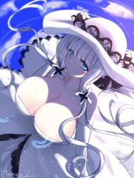  anchor_symbol artist_name azur_lane bare_shoulders blue_eyes breasts cleavage commentary dress elbow_gloves female from_above gloves hair_ribbon hat highres illustrious_(azur_lane) lace-trimmed_headwear lace_trim large_breasts long_hair looking_at_viewer looking_up ribbon solo strapless strapless_dress sun_hat tarakon tress_ribbon very_long_hair white_dress white_gloves white_hair white_hat 