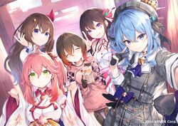  0th_generation_(hololive) 5girls ahoge azki_(3rd_costume)_(hololive) azki_(hololive) black_gloves blue_eyes blue_hair blue_nails breasts brown_hair cherry_blossom_print cleavage comiket_99 crown fal_maro floral_print gloves green_eyes hair_ornament hairclip hat hololive hoshimachi_suisei hoshimachi_suisei_(1st_costume) looking_at_viewer multiple_girls nail_polish official_alternate_costume official_art partially_fingerless_gloves pink_hair roboco-san roboco-san_(hoodie) sakura_miko sakura_miko_(1st_costume) tokino_sora tokino_sora_(1st_costume) torii virtual_youtuber watermark x_hair_ornament 