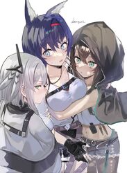  3girls animal_ears arknights bandaid bandaid_on_face bird bird_girl blaze_(arknights) blush cat_ears cat_girl chest_belt chest_strap collarbone feather_hair flint_(arknights) greythroat_(arknights) hairband hand_guard highres hood hoodie hummingbird hyena_ears jacket looking_at_another looking_to_the_side multiple_girls neck_tattoo red_hairband sakuramotikun shoulder_strap tank_top tattoo white_jacket white_tank_top yuri 