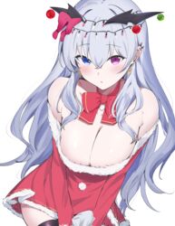  absurdres bare_shoulders blue_eyes blush bow bowtie breasts christmas cleavage commentary_request female grey_hair heterochromia highres large_breasts long_hair long_sleeves looking_at_viewer mattyazuki neo-porte parted_lips purple_eyes red_bow red_bowtie santa_costume solo tentei_forte thighs virtual_youtuber 