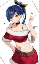  absurdres bad_id bad_twitter_id bell black_bow black_choker blue_hair blush bow breasts choker cleavage collarbone cowboy_shot dot_nose female fur-trimmed_shorts fur-trimmed_sleeves fur-trimmed_sweater fur_trim grin groin hairbow hand_up highres lilpa long_hair looking_at_viewer medium_breasts navel neck_bell off-shoulder_sweater off_shoulder open_mouth orange_eyes ponytail red_shorts red_sweater santa_costume shorts simple_background smile solo standing sugar_(dndi888) sweater swept_bangs teeth virtual_youtuber waktaverse white_background 