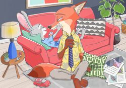  2020 anthro blush bottomwear canid canine cellphone closed_eyes clothed clothing detailed_background disney duo electronics eyewear female fox fully_clothed fur furniture grey_body grey_fur hb_runo hi_res holding_cellphone holding_object holding_phone inside judy_hopps key lagomorph lamp leporid looking_at_another male mammal necktie nick_wilde orange_body orange_fur pants phone pillow plant plant_pot potted_plant rabbit reclining red_fox shirt sitting sofa sunglasses table topwear true_fox zootopia 