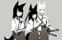  3girls abubu animal_ears blunt_bangs bridal_gauntlets closed_mouth commentary_request ear_piercing elbow_gloves eyelid_piercing fingerless_gloves fox_ears fox_girl fox_tail gloves grey_background hair_ornament hairclip hakama hakama_skirt highres japanese_clothes katana long_hair looking_at_another looking_at_viewer multiple_girls original parted_lips piercing short_hair simple_background skirt slit_pupils smile standing sword tail tattoo tongue tongue_out tongue_piercing weapon 