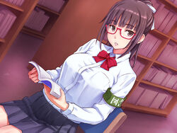  armband blue_skirt book bow bowtie breasts brown_eyes brown_hair chair collared_shirt commentary_request dutch_angle female glasses hair_ribbon holding holding_book large_breasts library looking_at_viewer md5_mismatch open_book original parted_lips pleated_skirt ponytail red-framed_eyewear red_bow red_bowtie resolution_mismatch ribbon school_uniform shimano_natsume shirt sitting skirt solo source_larger source_mismatch white_ribbon white_shirt 