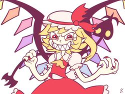  1930s_(style) ascot bare_arms blonde_hair commentary crystal cuphead_(game) english_commentary evil_eyes evil_grin evil_smile female fingernails flandre_scarlet frilled_shirt_collar frilled_sleeves frills grin hands_up hat hat_ribbon holding holding_weapon laevatein_(touhou) looking_at_viewer medium_hair mob_cap nail_polish parody pointy_ears puffy_short_sleeves puffy_sleeves red_eyes red_nails red_ribbon red_skirt red_vest retro_artstyle ribbon sharp_fingernails sharp_teeth short_sleeves side_ponytail simple_background skirt skirt_set smile solo style_parody teeth touhou upper_body vest weapon white_background wings yatsunote yellow_ascot 