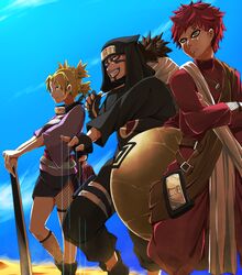  2boys blonde_hair crossed_arms facial_mark female fingerless_gloves gaara gloves gourd green_eyes grin kankuro multiple_boys naruto outdoors quad_tails red_hair sand siblings smile standing suno-pi temari 