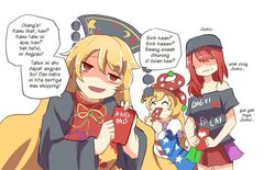  3girls :d ^_^ blonde_hair blush chinese_new_year closed_eyes clothes_writing clownpiece commentary dress happy_new_year hat hecatia_lapislazuli hongbao indonesian_text jester_cap junko_(touhou) kapiten70 long_hair looking_at_viewer multicolored_clothes multicolored_skirt multiple_girls new_year open_mouth pantyhose pinyin_text red_eyes red_hair shaded_face shirt skirt smile smug touhou translated white_background 