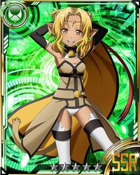  alicia_rue animal_ears armpits arms_behind_head arms_up bad_source bell blonde_hair breasts card_(medium) cat_ears cat_tail collar detached_sleeves earrings fangs female hair_ornament jewelry looking_at_viewer neck_bell official_art open_mouth panties short_hair slit_pupils small_breasts solo sword_art_online sword_art_online:_code_register tail thigh_strap thighhighs underwear white_panties white_thighhighs yellow_eyes 