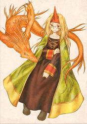  blonde_hair breasts commentary_request female final_fantasy final_fantasy_tactics highres horns kurohina long_hair photoshop_(medium) robe salamander shoes single_horn solo summoner_(fft) 