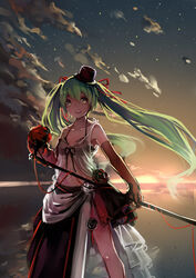  absurdres bra commentary_request elbow_gloves female gloves green_eyes green_hair hair_ribbon hat hatsune_miku hei_yan-m82a1 highres long_hair microphone microphone_stand navel open_mouth ribbon solo sunrise twintails underwear very_long_hair vocaloid 