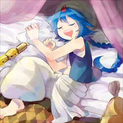  1boy aladdin_(magi) bad_id bad_pixiv_id barefoot blue_hair braid chest_sarashi closed_eyes feet flute instrument long_hair lying magi_the_labyrinth_of_magic male_focus midriff pillow reka saliva sarashi single_braid sleeping solo turban vest 