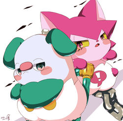  anthro chains clothing cocotama duo ear_piercing exclamation_point felid female fur green_eyes hair half-closed_eyes himitsu_no_cocotama male mammal mukitetsu_(cocotama) narrowed_eyes panties piercing pink_body pink_fur pink_hair red_eyes simple_background underwear yurano_(cocotama) zeru_(ma) 