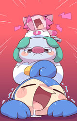  anthro blue_body blue_fur blush bodily_fluids chains closed_eyes clothing cocotama ear_piercing exclamation_point felid female fur group himitsu_no_cocotama humor male mammal mukitetsu_(cocotama) nettsuu open_mouth panties piercing pink_body pink_fur saliva sweat tokumaru_(cocotama) tongue underwear yurano_(cocotama) 