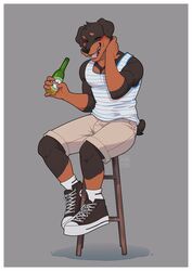  anthro bar_stool beer_bottle beverage biped black_clothing black_footwear black_nose black_shoes blush blush_lines border bottle bottomwear canid canine canis chair chuck_taylor_all_stars closed_eyes clothed clothing confusion container converse digital_media_(artwork) docked_tail domestic_dog donovan_the_rottie fangs floppy_ears footwear full-length_portrait fully_clothed furniture grey_background grey_bottomwear grey_clothing grey_shorts hand_on_neck head_tuft heineken hi_res himbo holding_bottle holding_container holding_object male mammal mastiff molosser muscular muscular_anthro muscular_male nir_here nonbinary_(lore) on_chair pattern_clothing pattern_shirt pattern_tank_top pattern_topwear pink_tongue portrait rottweiler shirt shoelaces shoes short_tail shorts simple_background sitting sitting_on_stool sneakers socks solo stool striped_clothing striped_shirt striped_tank_top striped_topwear stripes tail tank_top teeth tongue topwear tuft white_clothing white_footwear white_shirt white_socks white_tank_top white_topwear 