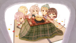  5girls chibi ginkgo_leaf hair_flaps hoshi_syoko idolmaster idolmaster_cinderella_girls kawaii_boku_to_142&#039;s_(idolmaster) kneeling koshimizu_sachiko kotatsu leaf looking_at_viewer maple_leaf morikubo_nono multiple_girls omisoshiru portable_stove protected_link quinzhee sakuma_mayu shirasaka_koume snow_shelter steam table tatami under_the_desk_(idolmaster) 