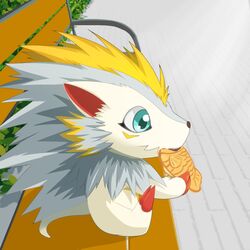  1:1 anthro bandai_namco bench blue_eyes claws digimon digimon_(species) dorayaki eating erjetto eulipotyphlan first_person_view food fur herissmon hi_res mammal pastry sitting spines white_body white_fur 