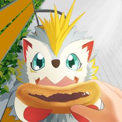  1:1 anthro bandai_namco bench blue_eyes claws digimon digimon_(species) dorayaki eating erjetto eulipotyphlan first_person_view food fur herissmon hi_res human mammal pastry sharing_food sitting spines white_body white_fur 