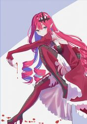  baobhan_sith_(fate) baobhan_sith_(first_ascension)_(fate) blood blood_on_hands blush boots breasts commentary_request detached_sleeves dress drill_hair fate/grand_order fate_(series) female frilled_dress frills grey_eyes hair_between_eyes hair_intakes hair_ornament high_heel_boots high_heels highres kei201107 long_hair looking_at_viewer medium_breasts pointy_ears red_dress red_footwear red_hair red_sleeves sitting solo strapless strapless_dress very_long_hair white_background 