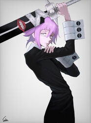  1other absurdres androgynous crona_(soul_eater) highres holding holding_sword holding_weapon pink_hair ragnarok_(demon_sword) saba_miso_(ver_18) soul_eater sword teeth weapon 