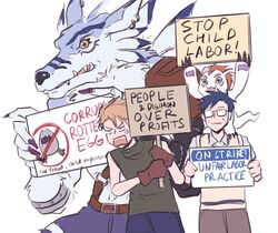  anthro bandai_namco belt blue_hair canid canine claws clothing digimon digimon_(species) eyewear feral glasses gloves gomamon green_eyes group hair handwear hi_res holding_object holding_sign human humor instruction instruction_on_sign joe_kido kbondoxxa male mammal matt_ishida no_symbol picket_sign protest protest_sign red_hair sign sign_graphic symbol weregarurumon 