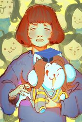  canid canine clothed clothing felid feline fhdfgjkghkmgkhk frisk_(undertale) graduation_cap group hair human mammal one_eye_closed open_mouth smile tem temmie_(undertale) topwear undertale undertale_(series) white_body wink 