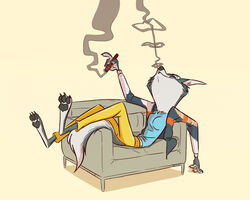  2023 anthro barefoot canid canine canis cigar cigar_smoke clothed clothing digital_media_(artwork) feet female fluttershythekind fur furniture hair hi_res illumination_entertainment mammal porsha_crystal relaxing simple_background sing_(movie) smile smoke smoke_from_mouth smoking sofa solo toes wolf 