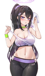  absurdres adjusting_clothes bare_arms bare_shoulders black_hair black_pants blue_archive blush breasts choker cleavage collarbone cowboy_shot female flower fluffyebi01 hair_flower hair_ornament halo highres holding holding_towel large_breasts long_hair looking_at_viewer midriff navel pants ponytail purple_eyes simple_background solo sports_bra stomach strap_slip sumire_(blue_archive) sweat sweatband towel very_long_hair white_background white_sports_bra yoga_pants 