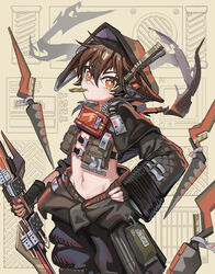  1boy absurdres animal_ears arknights ayerscarpe_(arknights) ayerscarpe_(tested_one)_(arknights) beige_background black_pants brown_eyes brown_hair chinese_commentary commentary_request cowboy_shot hair_between_eyes highres holding holding_weapon hood long_sleeves looking_at_viewer male_focus midriff mouth_hold navel official_alternate_costume pants photoshop_(medium) rabbit_ears short_hair solo standing stomach weapon whinghope wide_sleeves 