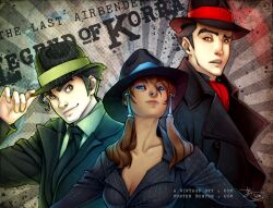  2boys alternate_costume ascot avatar_legends blue_eyes bolin breasts brown_hair budgie cleavage coat dark_skin fedora female formal green_eyes hair_tubes hat korra large_breasts mako_(avatar) multiple_boys necktie suit the_legend_of_korra trench_coat yellow_eyes 