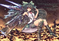  adapted_costume alternate_weapon alternate_wings arm_cannon armpits asymmetrical_clothes asymmetrical_legwear bare_shoulders bike_shorts black_hair black_socks blue_fire bow breasts bullet_hole caution commentary_request covered_nipples cross feet female fire hairbow kantarou_(nurumayutei) lava long_hair mechanical_wings medium_breasts mismatched_legwear navel radiation_symbol red_eyes reiuji_utsuho shoes single_shoe single_sock skirt smoke socks solo sparks third_eye torn_clothes touhou weapon wings 