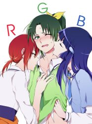  aoki_reika blue_hair blush bow closed_eyes clothes_around_waist eyelashes green_eyes green_hair hair_ornament hairbow hairclip hino_akane_(smile_precure!) licking long_sleeves midorikawa_nao multiple_girls nanairogaoka_middle_school_uniform necktie negom one_eye_closed orange_eyes ponytail precure red_hair school_uniform shirt_lift sleeves_rolled_up smile_precure sweater sweater_around_waist sweater_vest tongue undressing white_background yuri 