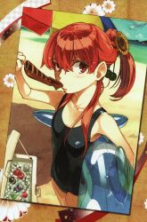  bare_shoulders cooler cowboy_shot eating female food from_above hidari_(left_side) highres inflatable_dolphin inflatable_toy long_hair one-piece_swimsuit pepsi photo_(object) photoshop_(medium) ponytail red_eyes red_hair sasami-san@ganbaranai scan scan_artifacts school_swimsuit soda solo swimsuit takoyaki umbrella yagami_tsurugi 