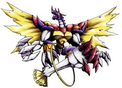  adzuki_anko armor arresterdramon_superior_mode between_legs claws commentary_request digimon digimon_(creature) digimon_xros_wars extra_arms highres horns long_neck monster no_humans sharp_teeth shoulder_pads spikes tail tail_between_legs tail_ornament tail_ring teeth torn_wings wings xros_up_arresterdramon 