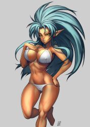  bad_deviantart_id bad_id big_hair bikini blue_hair breasts cleavage curvy earrings felsus female hand_on_own_chest hand_on_own_hip jewelry large_breasts long_hair lowleg lowleg_bikini narrow_waist pointy_ears ryouko_(tenchi_muyou!) solo spiked_hair standing standing_on_one_leg string_bikini swimsuit tenchi_muyou! white_bikini yellow_eyes 