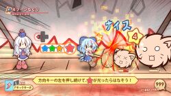  2girls :3 animal_ears blue_hair bow cat_ears cirno commentary_request fake_screenshot hairbow hammer heads-up_display kamishirasawa_keine kedama_(touhou) long_hair mario_(series) multiple_girls o_o paper_mario parody short_hair star_(symbol) touhou translated white_hair x_x yurume_atsushi 