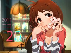  antenna_hair bad_id bad_link bad_nicoseiga_id blush bob_cut breasts brown_hair casual cleavage dokiyuri female finger_in_own_mouth hands hidaka_ai highres icing idolmaster idolmaster_dearly_stars lips red_eyes short_hair small_breasts solo upper_body 