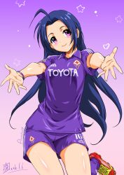  acf_fiorentina adidas ahoge armpit_peek blue_hair blush_scarlet breasts dated female foreshortening gradient_background head_tilt idolmaster idolmaster_(classic) incoming_hug inoue_sora italy jersey long_hair mattia_cassani medium_breasts miura_azusa outstretched_arms outstretched_hand photoshop_(medium) purple_background purple_eyes purple_shorts serie_a shorts smile soccer soccer_uniform solo sportswear toyota 