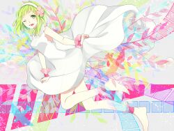  abstract_background achiki ankle_cuffs bad_id bad_pixiv_id bare_legs barefoot bird dress female flower frills full_body green_eyes green_hair grey_background gumi hair_flower hair_ornament hairband leaf leaf_background looking_at_viewer lower_teeth_only multicolored_background one_eye_closed open_mouth pink_background pink_flower short_hair sleeveless sleeveless_dress smile solo teeth vocaloid white_dress white_hairband wind wind_lift wrist_cuffs 