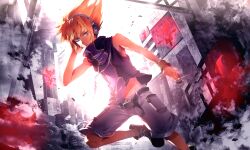  1boy bare_shoulders blue_eyes boots building commentary_request headphones highres male_focus sakuraba_neku shorts solo subarashiki_kono_sekai sunakumo 