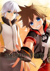  2boys blue_eyes brown_hair commentary_request fingerless_gloves gloves kingdom_hearts kingdom_hearts_3d_dream_drop_distance kurot looking_down male_focus multiple_boys outstretched_hand riku_(kingdom_hearts) sora_(kingdom_hearts) white_hair 